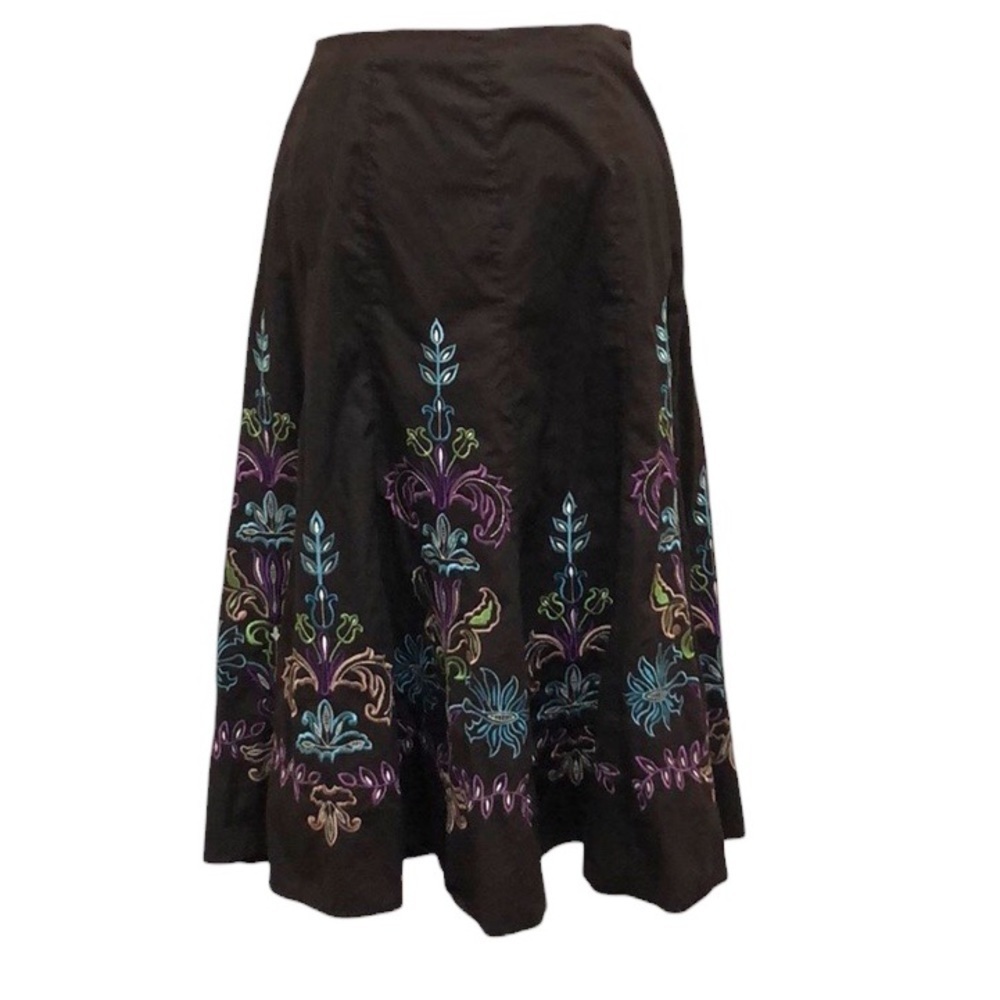 Vintage 90s Sunny Leigh Midi Skirt Size 10 Dark Brown Colorful Damask Embroidery